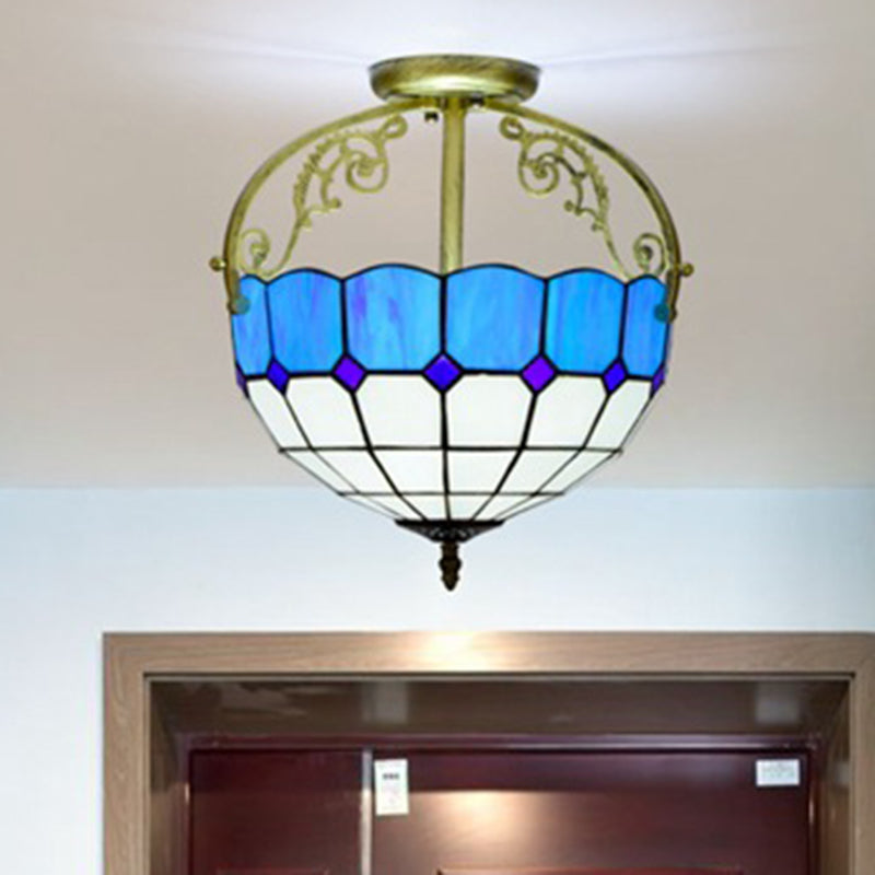 Grid Patterned Cut Glass Semi Flush Mount Baroque 2 Lights Yellow/Orange/Blue Ceiling Lighting for Dining Room