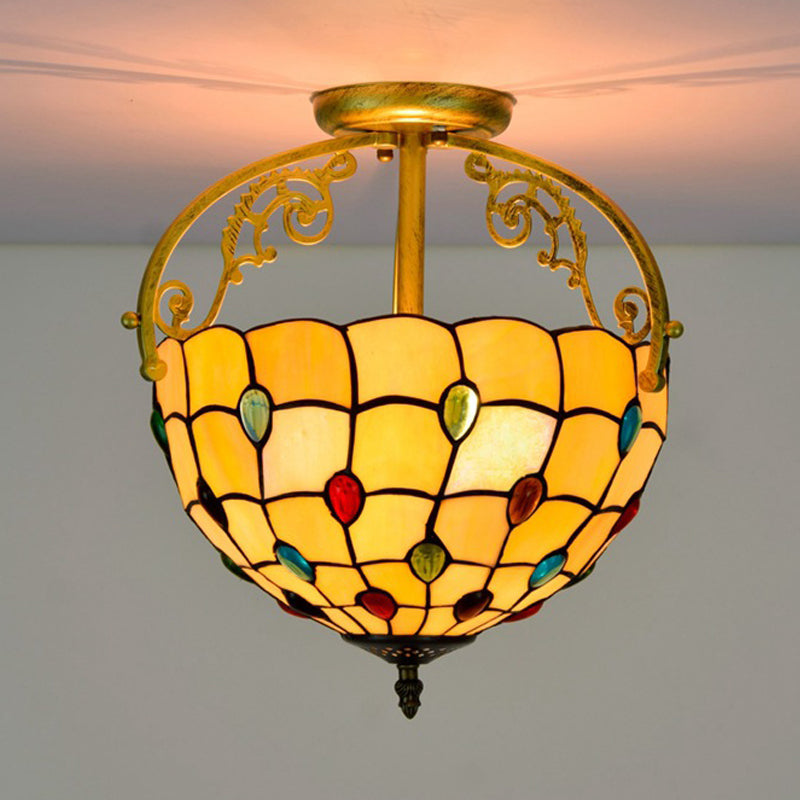 Grid Patterned Cut Glass Semi Flush Mount Baroque 2 Lights Yellow/Orange/Blue Ceiling Lighting for Dining Room