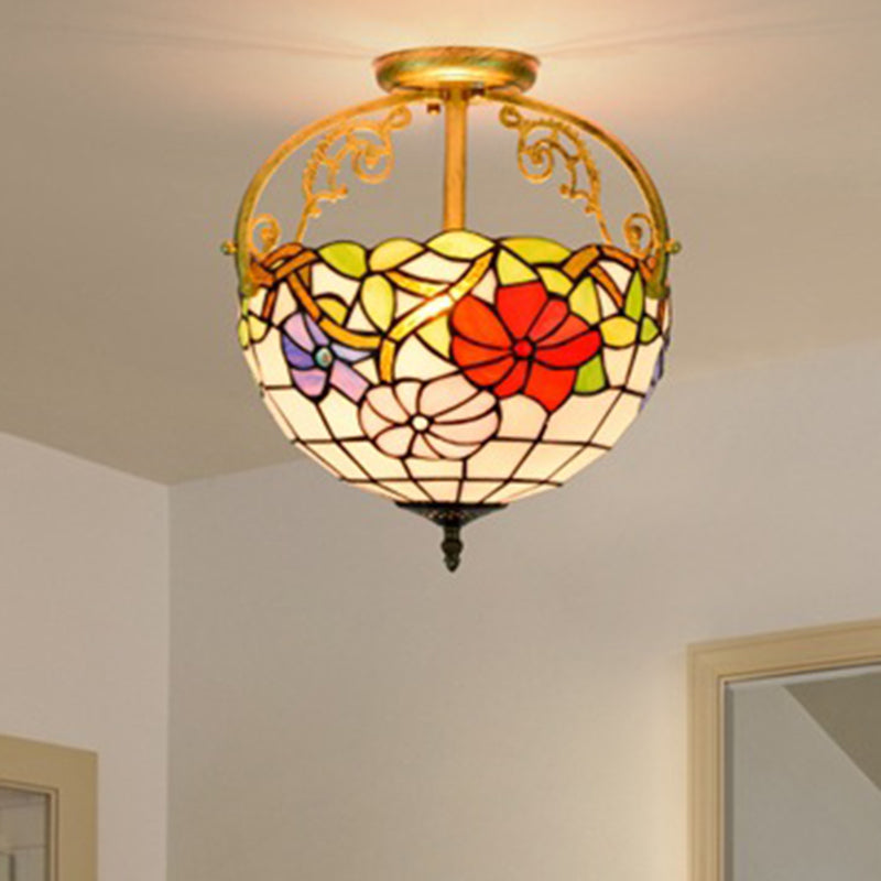 Rose Semi Flush Mount Lighting 2 Lights Stained Glass Mediterranean Ceiling Mounted Fixture in Red/Pink/Blue