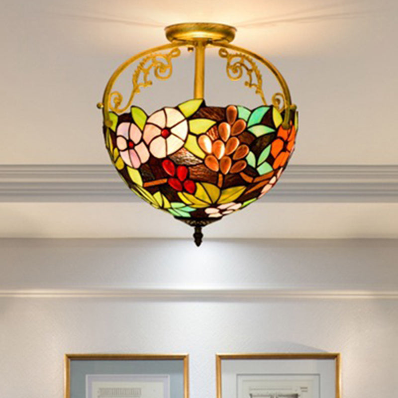 2 Lights Floral Bush Semi Flush Light Fixture Victorian Red/Pink/Green Cut Glass Ceiling Flush for Corridor