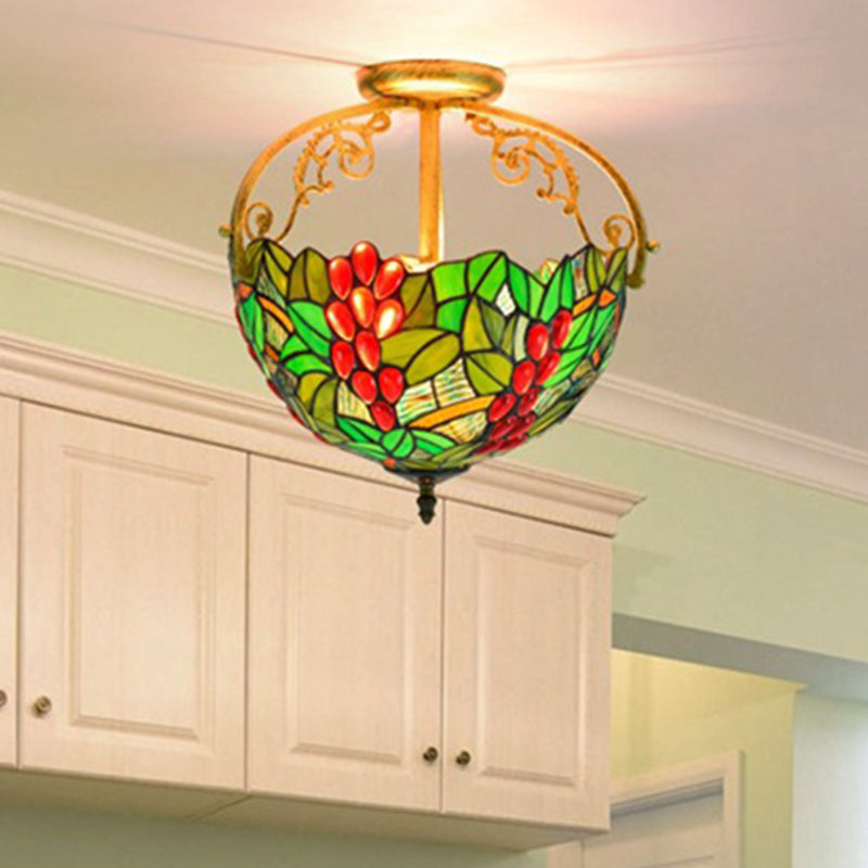 2 Lights Floral Bush Semi Flush Light Fixture Victorian Red/Pink/Green Cut Glass Ceiling Flush for Corridor