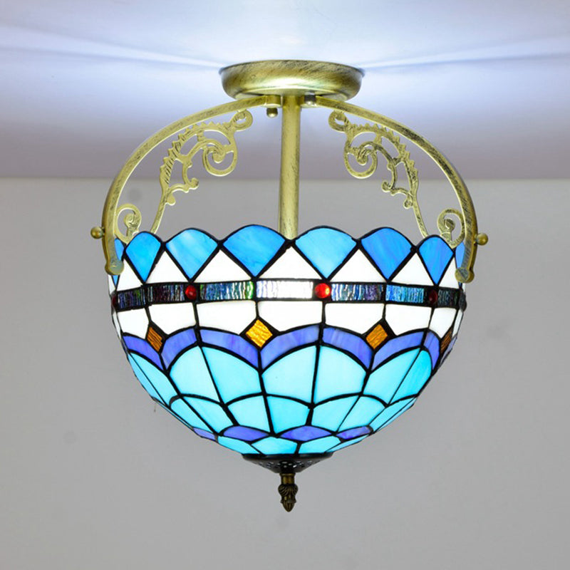 2 Lights Semi Flush Mount Lighting Mediterranean Petal Stained Glass Ceiling Lamp in Yellow/Brown/Blue for Bedroom