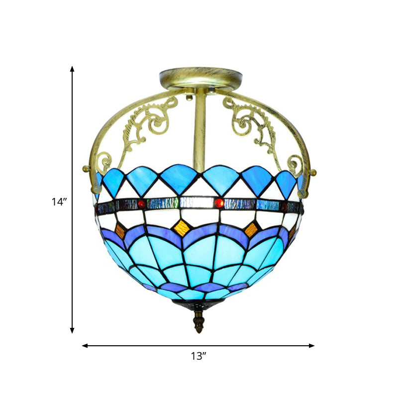 2 Lights Semi Flush Mount Lighting Mediterranean Petal Stained Glass Ceiling Lamp in Yellow/Brown/Blue for Bedroom