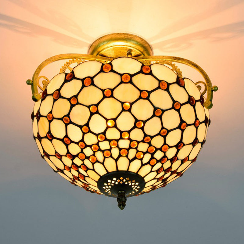 Corte de vidrio de vidrio beige semi descarga de techo de montaje con cuentas 2 luces tiffany elegante techo