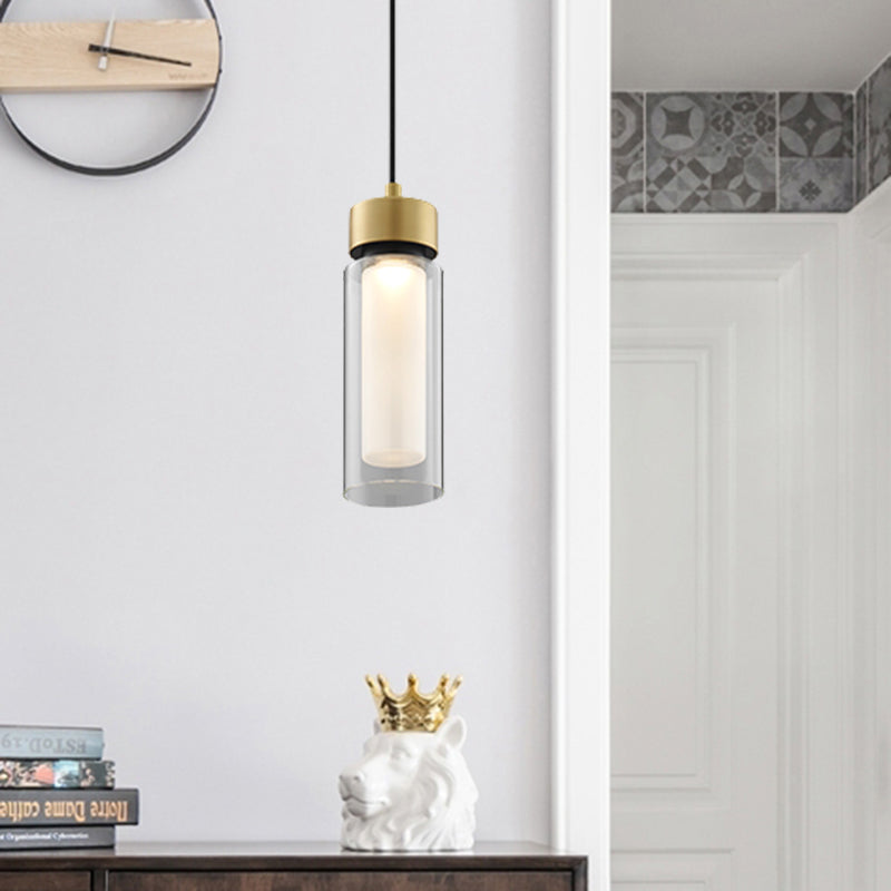 Simplicity 1 Light Drop Lamp Black and Gold Cylindrical LED Down Mini Pendant with Clear Glass Shade