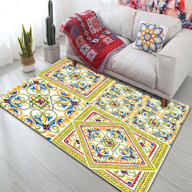 Yellow Bohemian Carpet Polyester Graphic Carpet Non-Slip Backing Carpet for Living Room