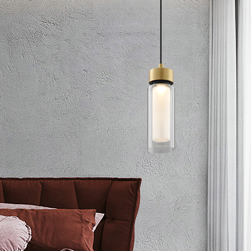 Simplicity 1 Light Drop Lamp Black and Gold Cylindrical LED Down Mini Pendant with Clear Glass Shade