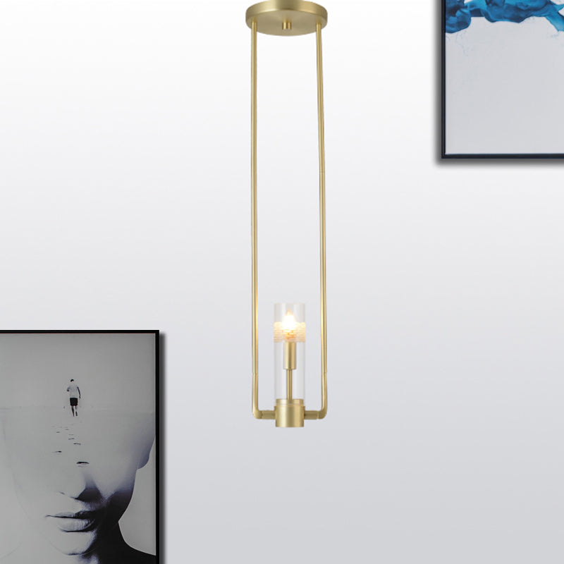 1 Bulb Restaurant Suspension Pendant Modern Gold Hanging Light Fixture with Cylinder Clear Glass Shade