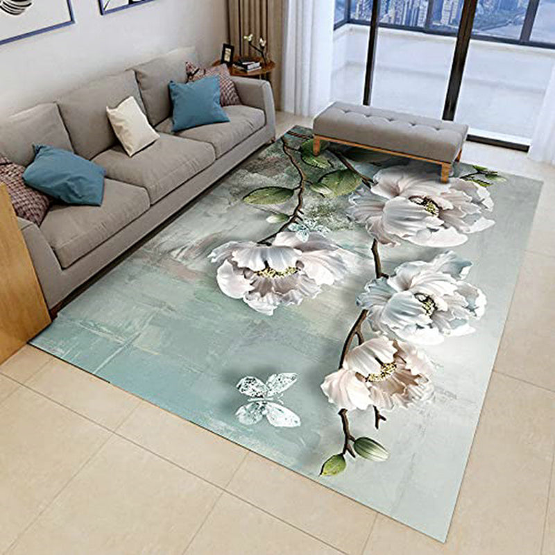 Blue Modern Area Rug Floral Pattern Polyester Area Carpet Easy Care Non-Slip Rug for Living Room