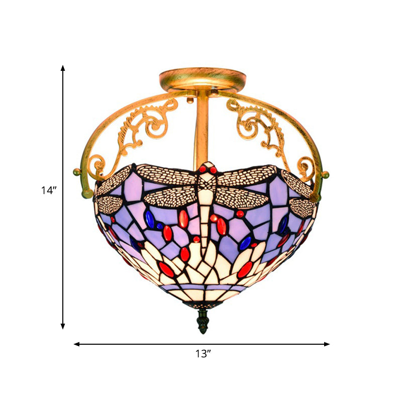 2 Lights Kitchen Semi-Flush Mount Mediterranean Beige/Red/Orange Close to Ceiling Lighting with Dragonfly Cut Glass Shade