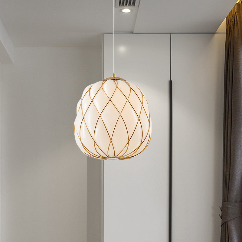 Wrapped White Glass Pendulum Light Modernism Gold 1 Head Ceiling Lamp for Bedroom