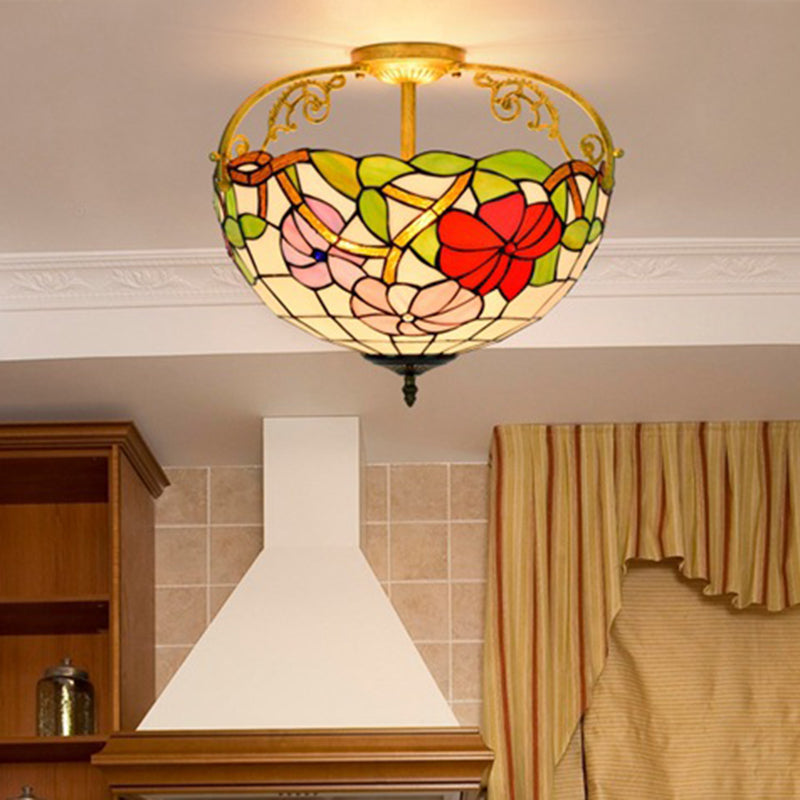 Cut Glass Rose Semi Flush Lighting Mediterranean 3 Lights Beige/Pink/Orange Ceiling Mounted Fixture