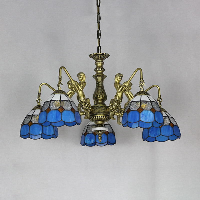Blanc en verre blanc / antique suspension en laiton Dôme 5 lumières