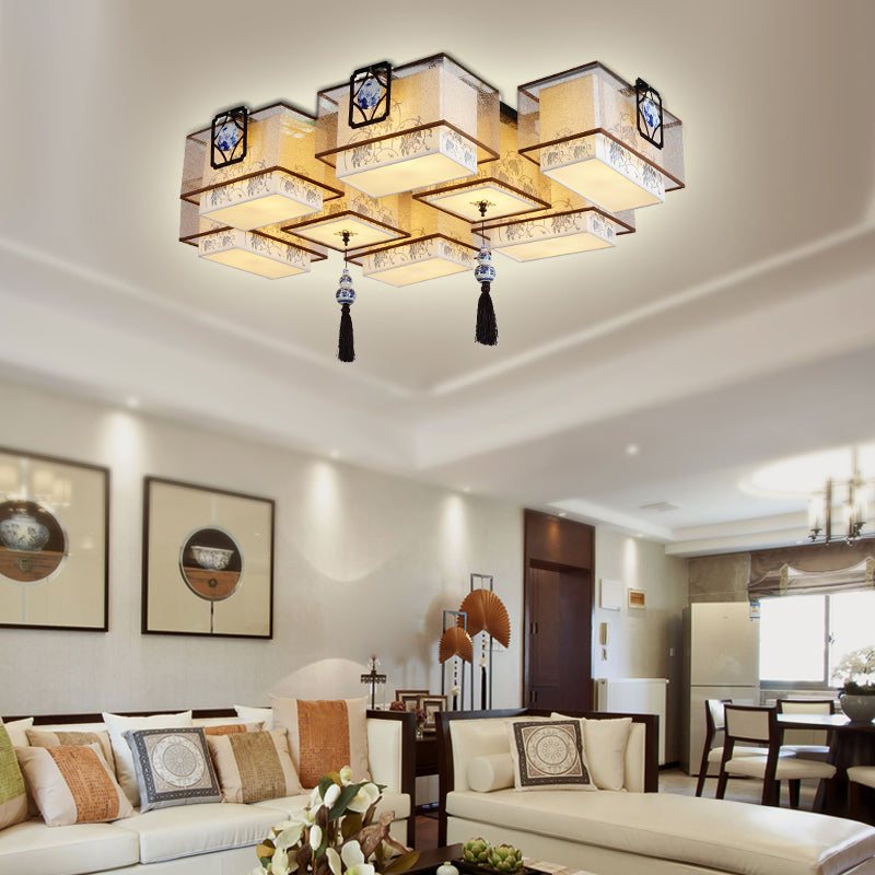 Chinese Style Flush Ceiling Light Fixture with Beige Fabric Shade for Living Room
