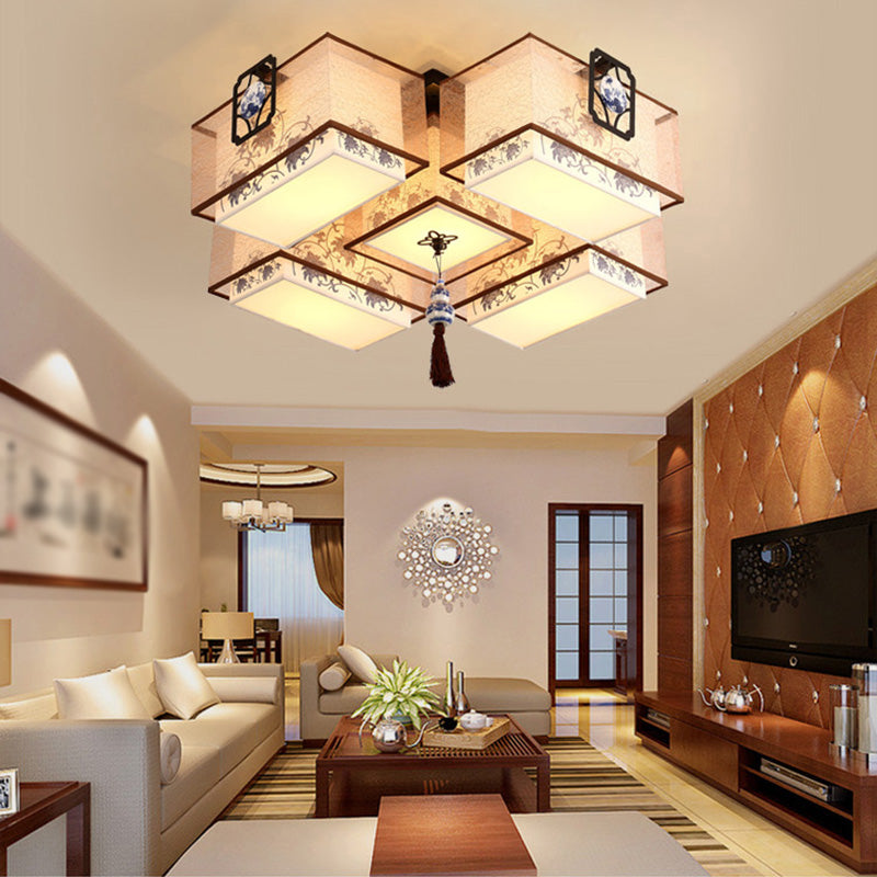 Chinese Style Flush Ceiling Light Fixture with Beige Fabric Shade for Living Room