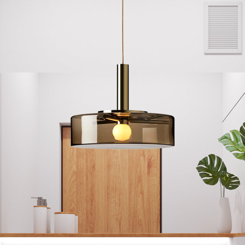 Contemporary Drum Hanging Lamp Smoke Gray Glass 1 Bulb Living Room Down Lighting Pendant