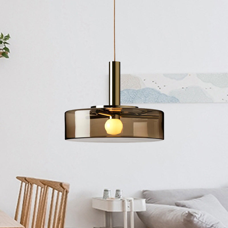 Contemporary Drum Hanging Lamp Smoke Gray Glass 1 Bulb Living Room Down Lighting Pendant