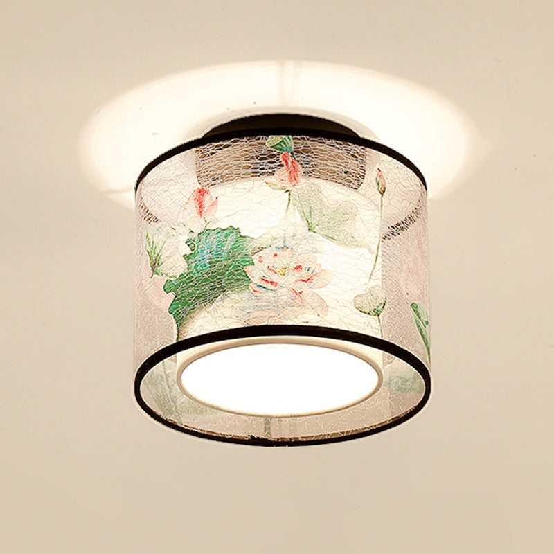 Single Head Flush Lamp Chinese Style Fabric Flush Ceiling Light for Living Room