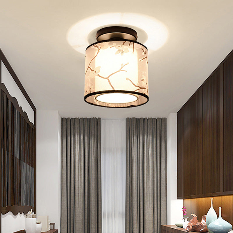 Single Head Flush Lamp Chinese Style Fabric Flush Ceiling Light for Living Room