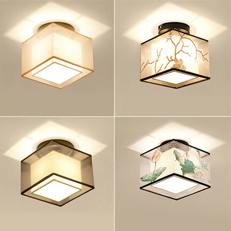 Single Head Flush Lamp Chinese Style Fabric Flush Ceiling Light for Living Room