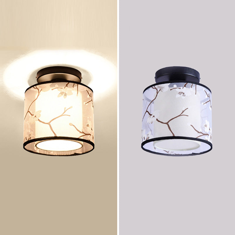 Single Head Flush Lamp Chinese Style Fabric Flush Ceiling Light for Living Room