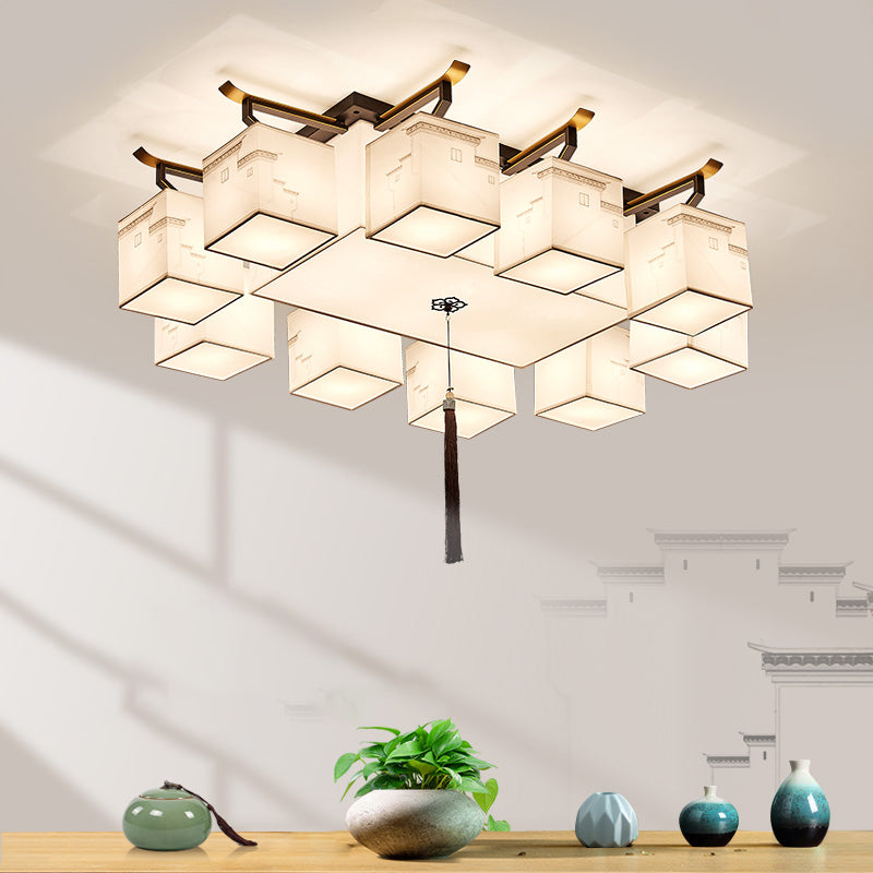 Chinese Style Fabric Flush Ceiling Light 5 Size for Optional Flush Light for Living Room