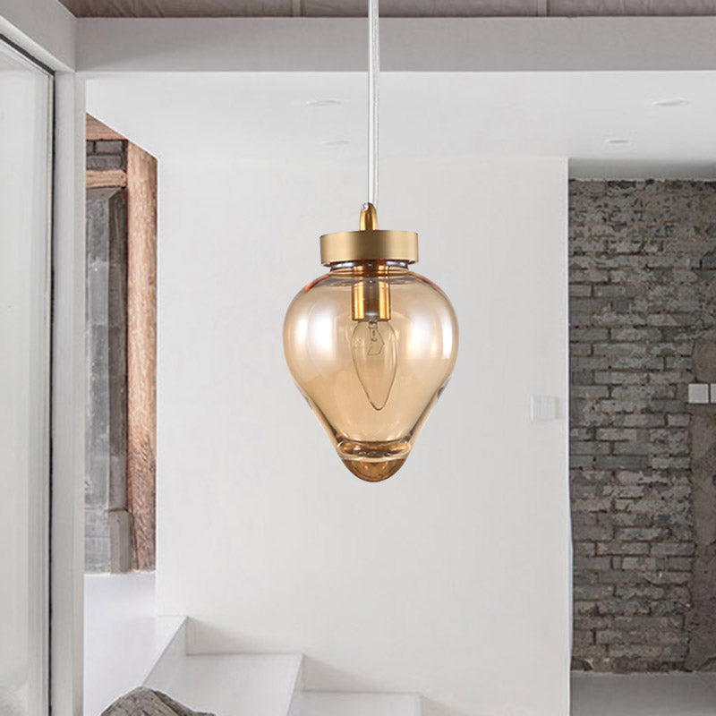 Gold Urn Pendant Lamp Modernist 1 Head Amber Glass Suspension Light for Dining Room