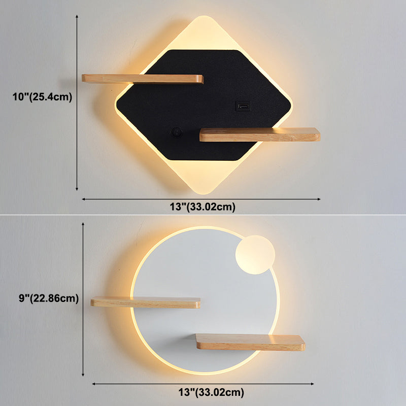 Geometric Shaped Wall Light Modern Acrylic Bedroom LED Sconce Light with Wooden Rack