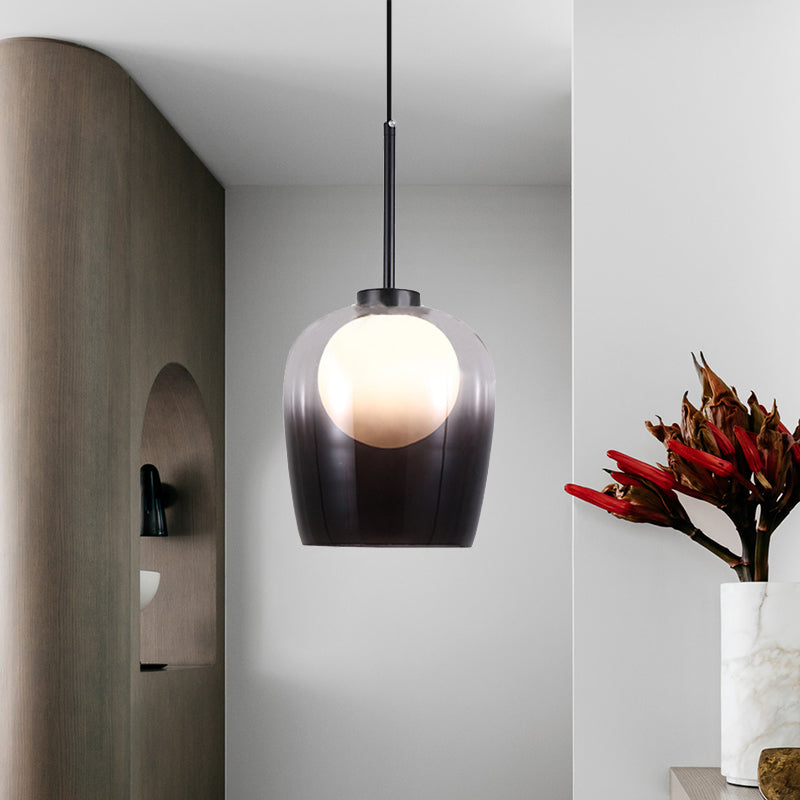 Smoke Gray Glass Dome Pendant Minimalism 1 Light LED White Suspension Lamp for Bedroom