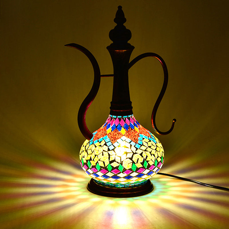 Teapot Shape Bedroom Table Lamp Art Deco Yellow Stained Glass 1 Light Copper Night Light