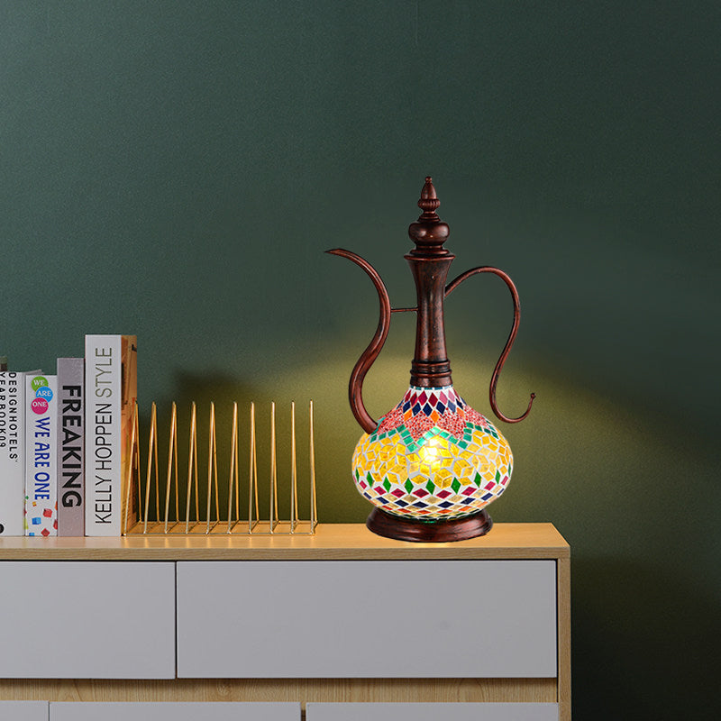 Teapot Shape Bedroom Table Lamp Art Deco Yellow Stained Glass 1 Light Copper Night Light