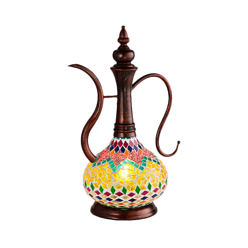 Teapot Shape Bedroom Table Lamp Art Deco Yellow Stained Glass 1 Light Copper Night Light