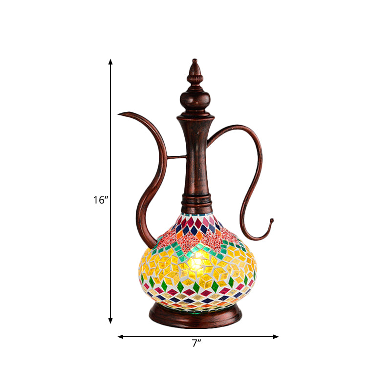 Teapot Shape Bedroom Table Lamp Art Deco Yellow Stained Glass 1 Light Copper Night Light