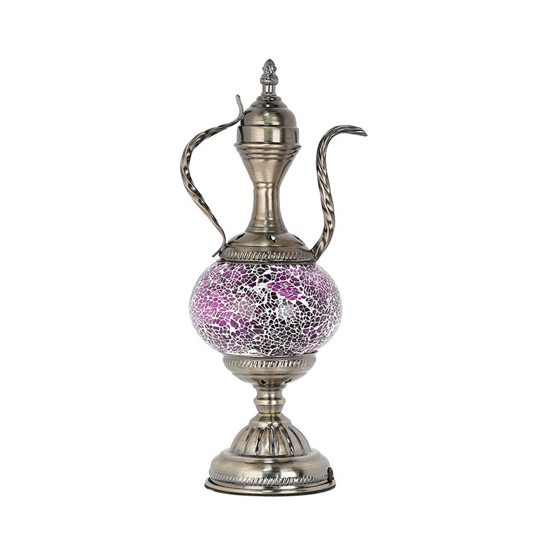 Vintage Teapot Shaped Night Table Lamp 1 Bulb Pink/Purple/Blue and Purple Stained Glass Nightstand Light for Bedroom