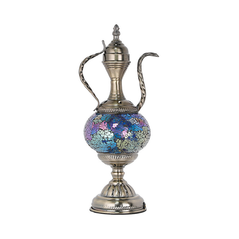 Vintage Teapot Shaped Night Table Lamp 1 Bulb Pink/Purple/Blue and Purple Stained Glass Nightstand Light for Bedroom