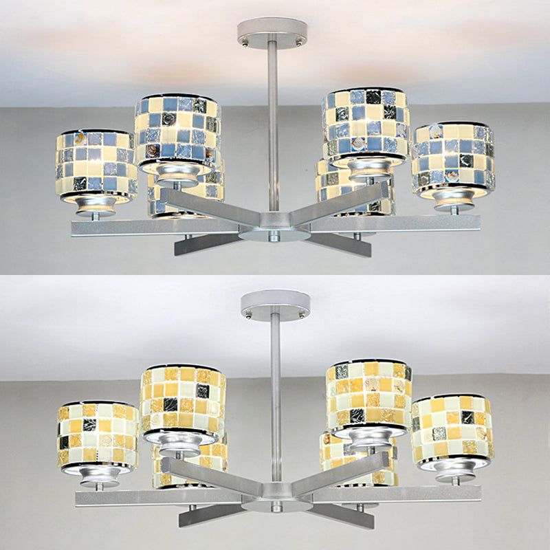 Mosaïque moderne suspendu au plafond 6 lumières Blue / jaune Verre suspendue Chandelier en finition chromée