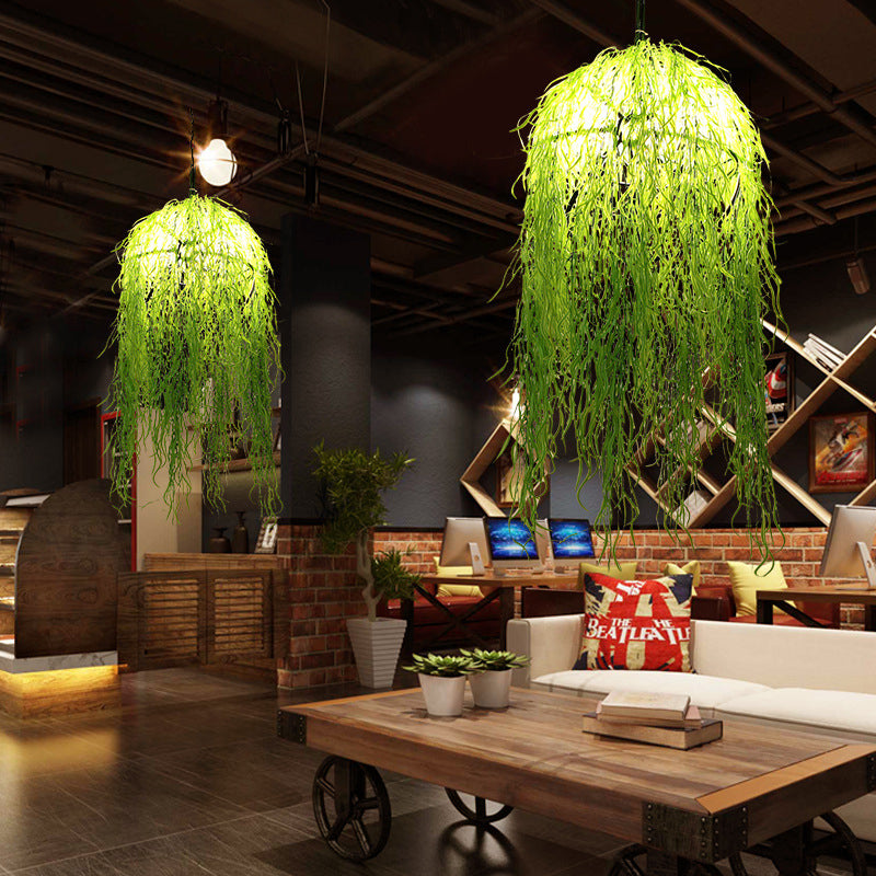 3 Heads Bell Cage Chandelier Industrial Green Metal Hanging Ceiling Light with Wicker Ornament, 18"/21.5" Wide