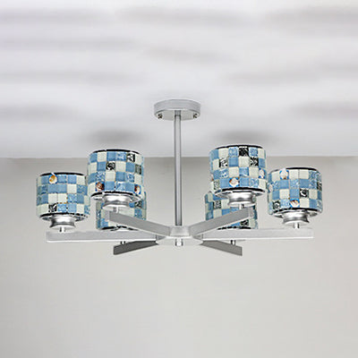 Mosaïque moderne suspendu au plafond 6 lumières Blue / jaune Verre suspendue Chandelier en finition chromée