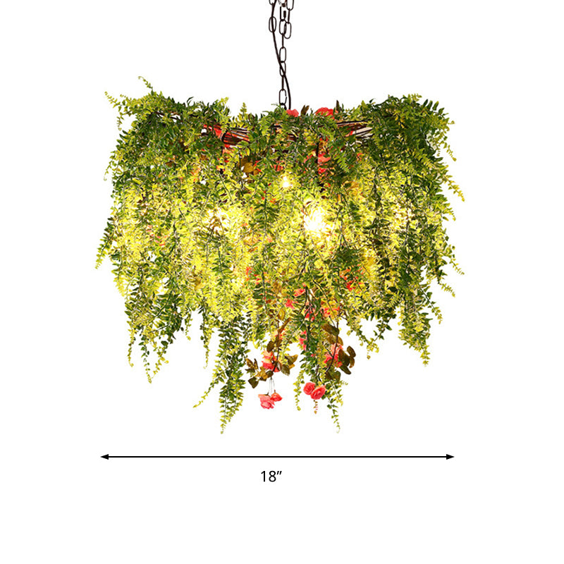 Green LED Ceiling Light Industrial Metal Open Cage Chandelier Lighting with Plant Decoration, 18"/23.5"/31.5" Wide