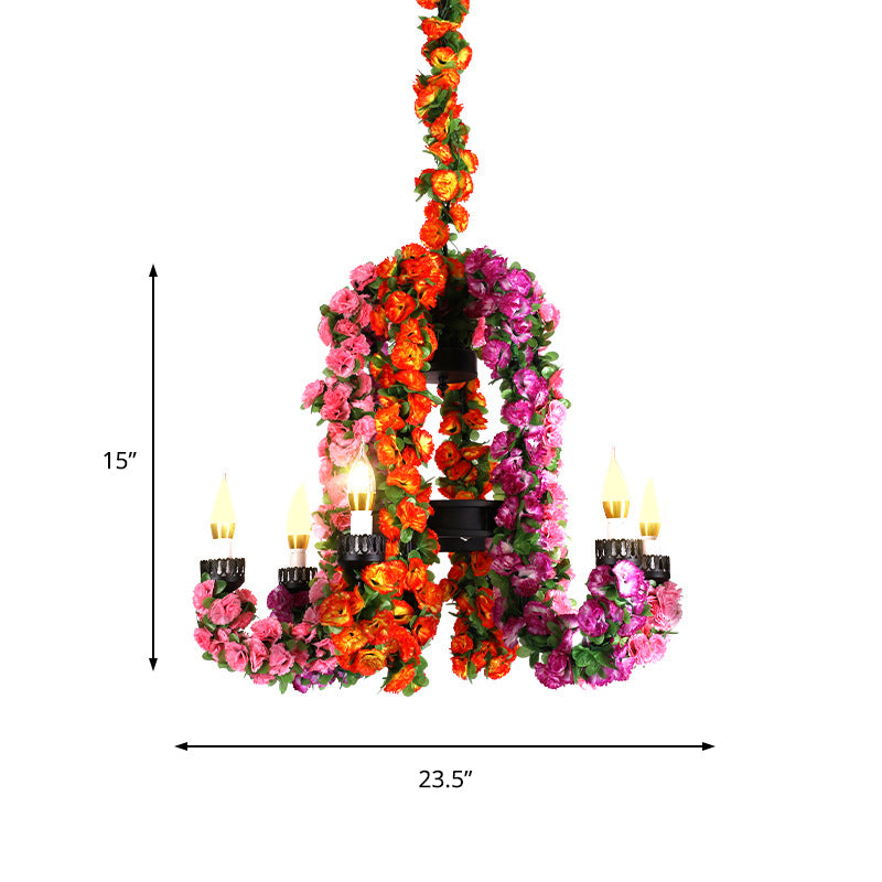 6 Heads Metal Hanging Light Kit Industrial Purple Curved Arm Restaurant Chandelier Lighting with Flower Decoration