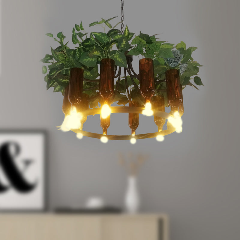 Green Wagon Suspension Light Industrial Metal 10 Heads Restaurant Chandelier Lighting Fixture with Plant Deco