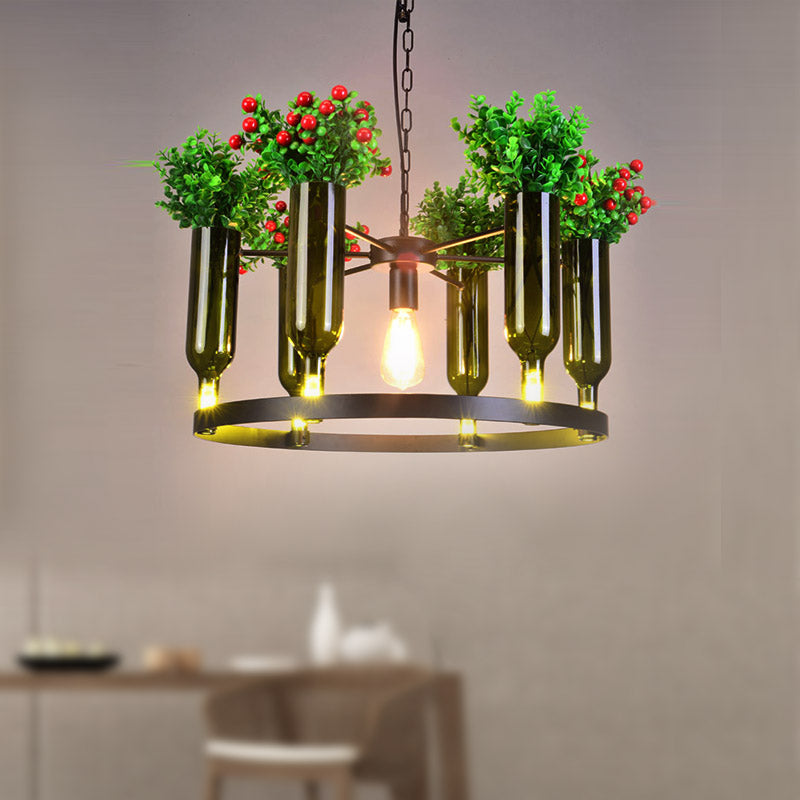 7/10 Heads Round Chandelier Lamp Industrial Green Metal Hanging Ceiling Light with Plant Decoration