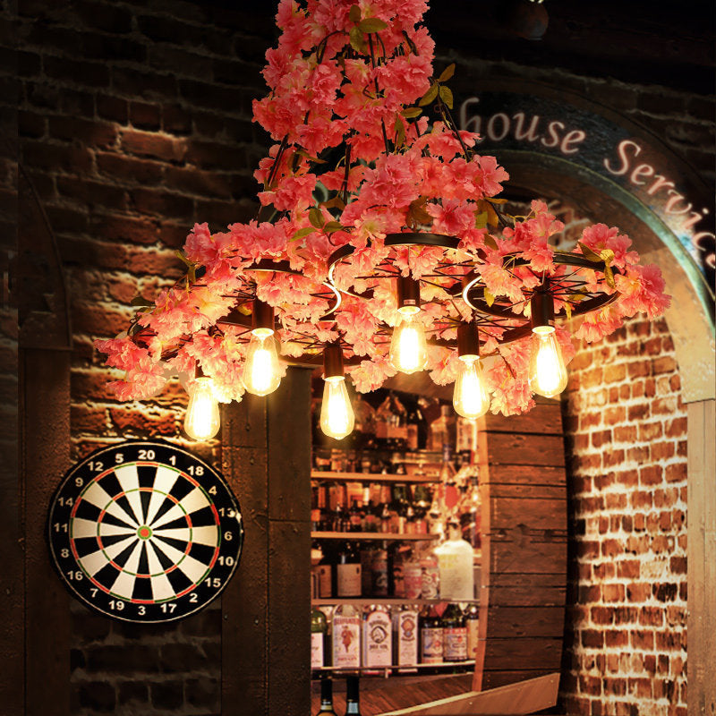 Bare Bulb Restaurant Chandelier Light Industrial 6 Bulbs LED Pink Flower Hanging Lamp