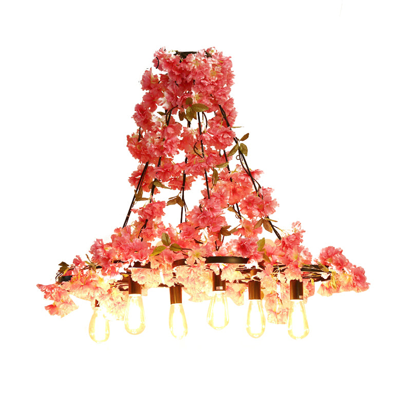 Bare Bulb Restaurant Chandelier Light Industrial 6 Bulbs LED Pink Flower Hanging Lamp