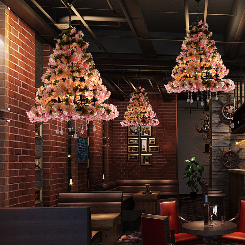 Pink 6 Bulbs Chandelier Lighting Retro Metal Flower LED Hanging Light Fixture for Restaurant