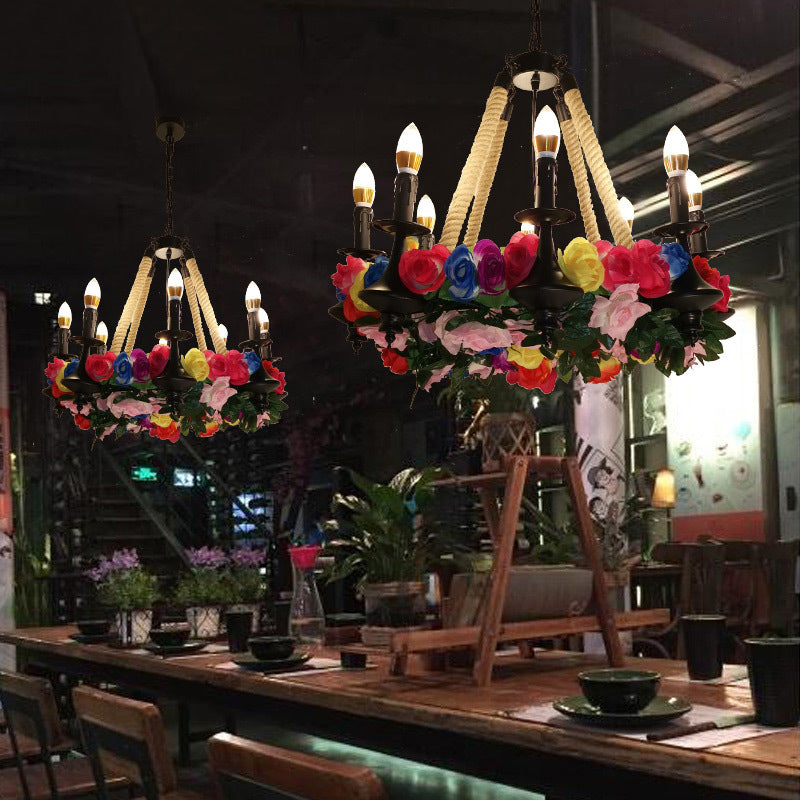Vintage kaarsenkroonluchter verlichtingsarmatuur 6 koppen hennep touw LED Bloem hanger lamp in zwart voor restaurant
