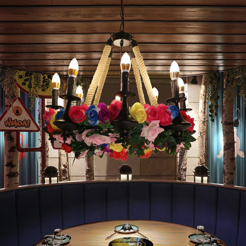Vintage Candle Chandelier Light Fixture 6 Heads Hemp Rope LED Flower Pendant Lamp in Black for Restaurant
