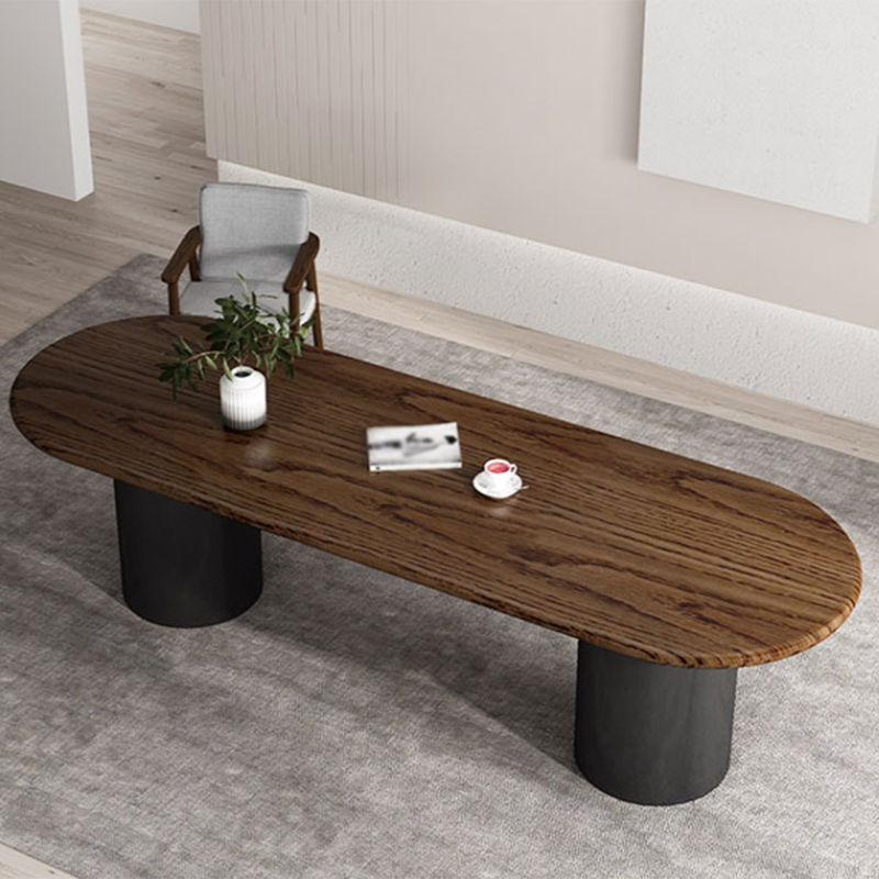 Table de salle à manger en bois foncé ovale Tableau de bois massif moderne avec piédestal double