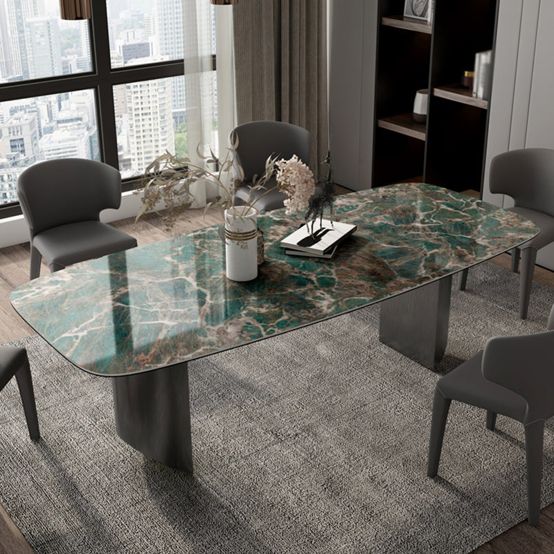 Sintered Stone Modern Rectangle Dining Table Green Stone Top Table with Metal Double Pedestal