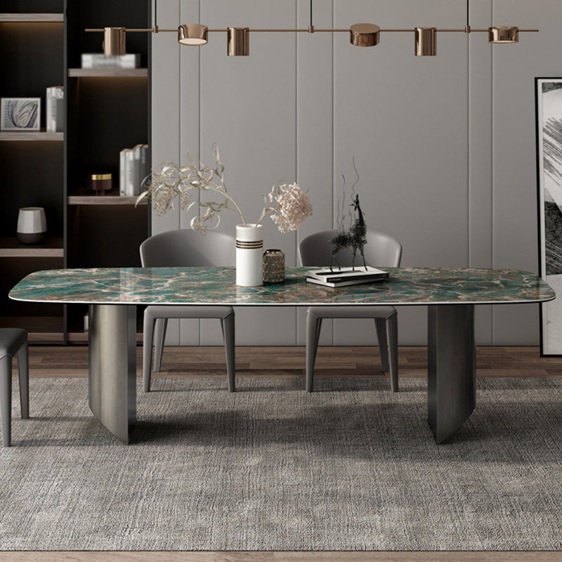 Sintered Stone Modern Rectangle Dining Table Green Stone Top Table with Metal Double Pedestal